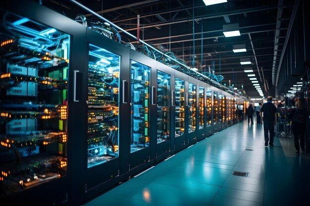 Data center with rows of illuminated server racks under blue lighting, technicians walking along the aisle.
