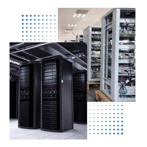 Two server racks in a data center with blue dotted design elements.