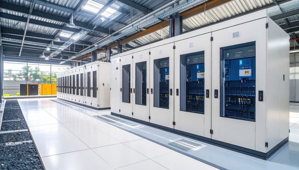 Data center with server racks and bright lighting, featuring a clean and organized environment.