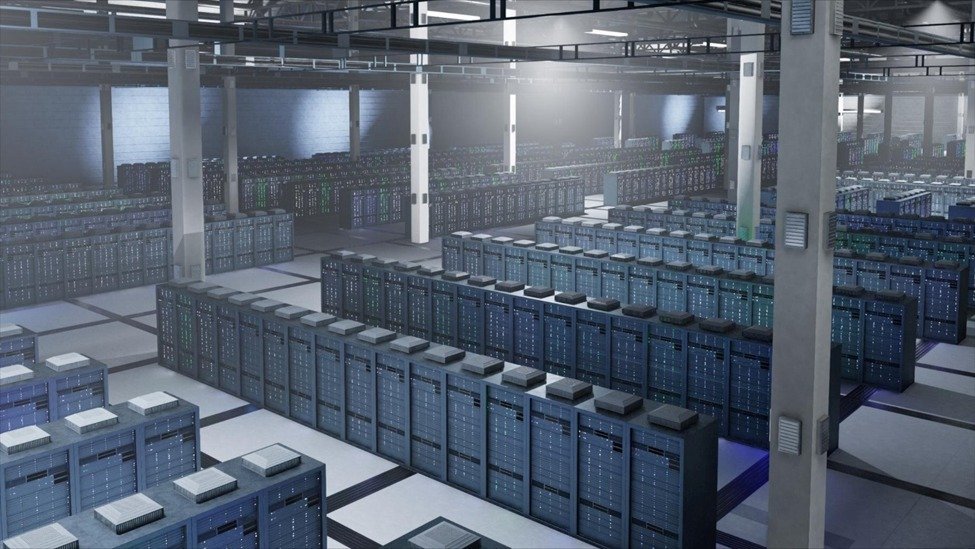 A vast data center filled with rows of server racks emitting a soft glow.
